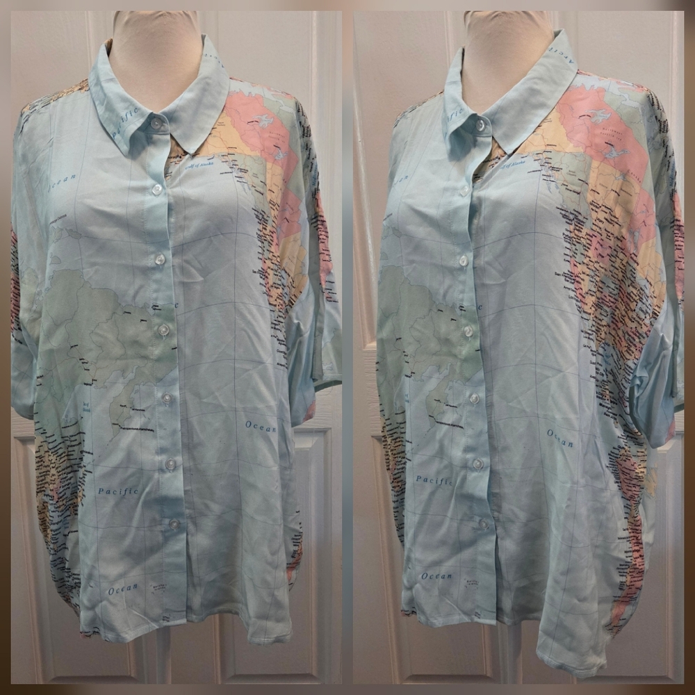 New World Globe Top Blouse Women's 2x 2XL Travel Gypsy Bohemian Academia Geek
